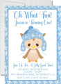 Boys blue winter owl 1st birthday party invitation