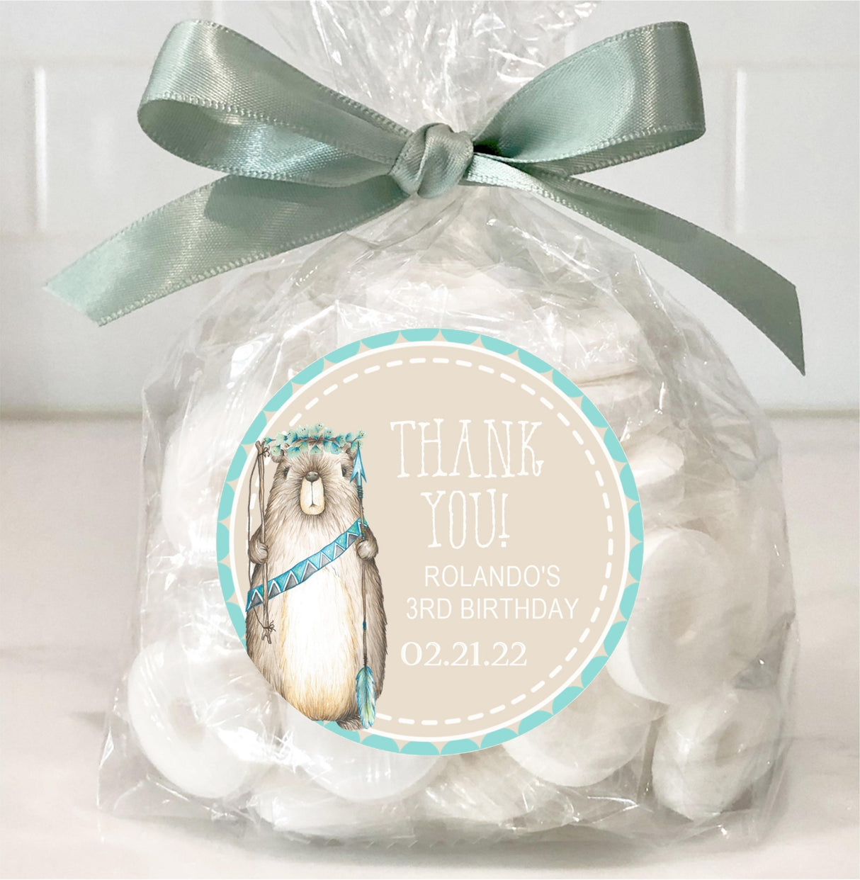 Boys forest animal party favor label with beaver illustration