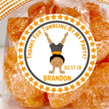 Boys gymnastics birthday sticker with orange and gray handstand design