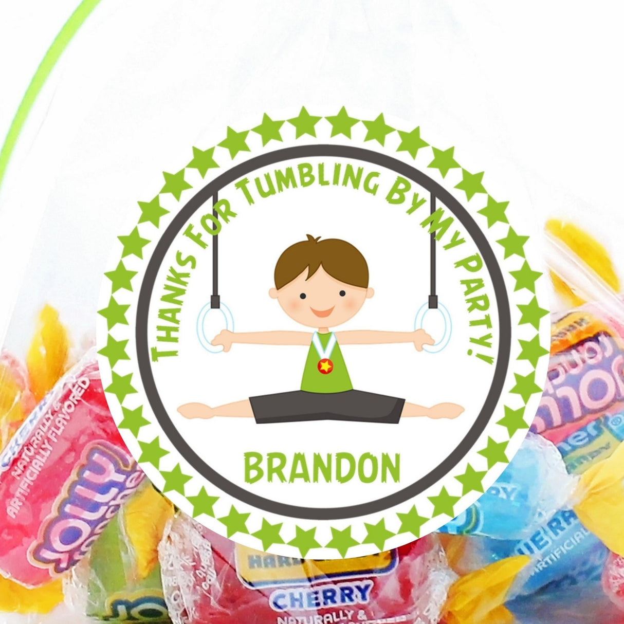 Boys gymnastics birthday stickers with green rings gymnast