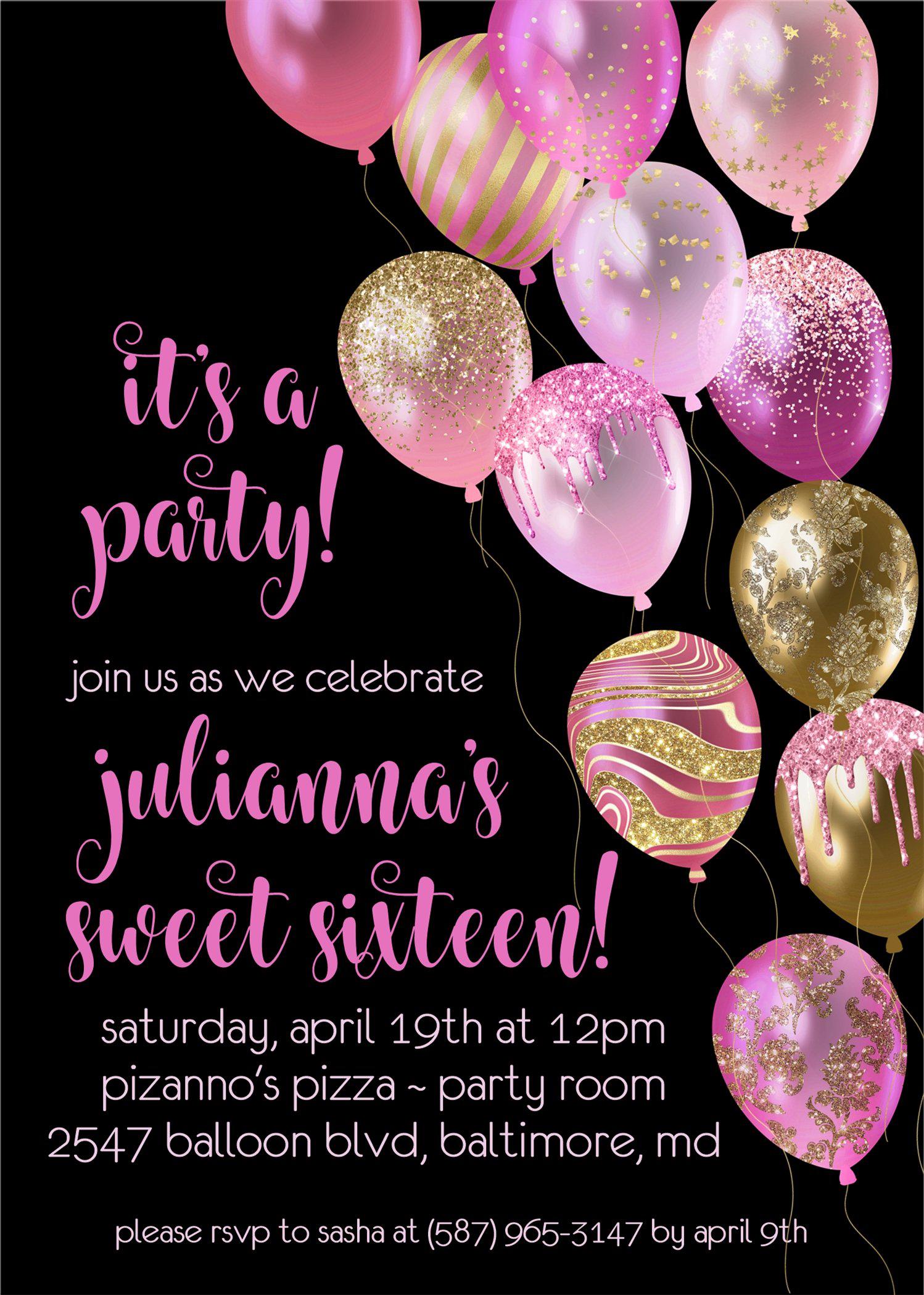 Bright Pink, Gold And Black Balloon Sweet 16 Party Invitations