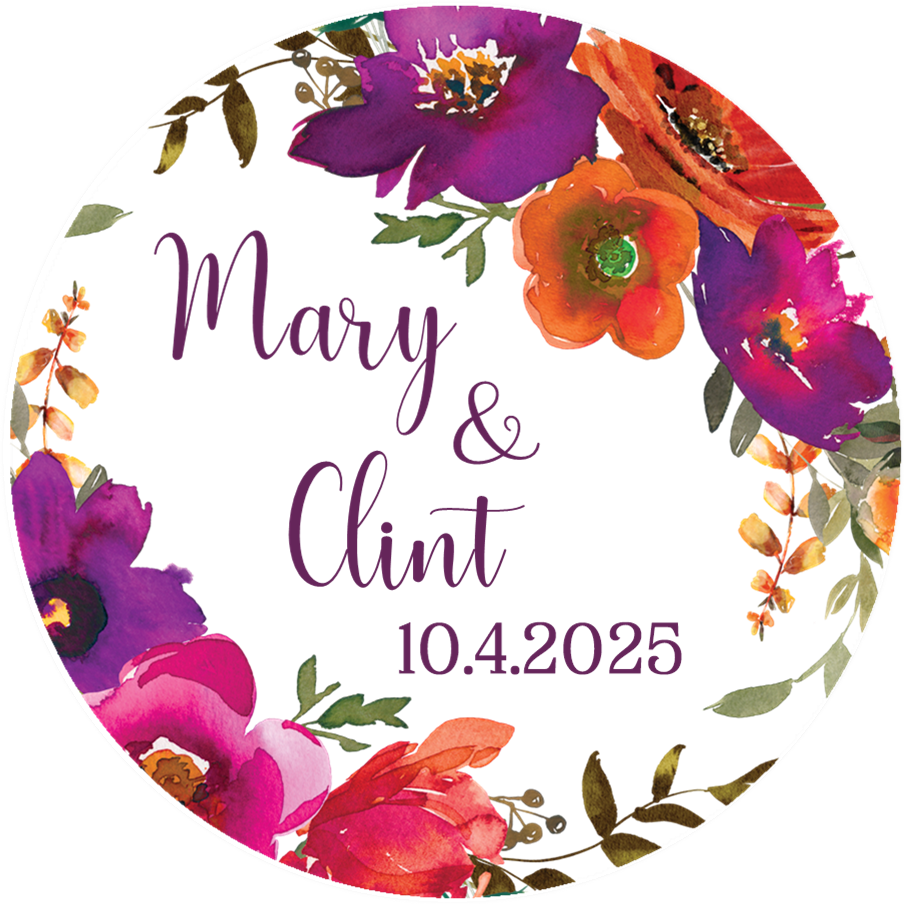 Bright botanical wedding favor label with vibrant florals