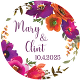 Bright botanical wedding favor label with vibrant florals