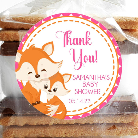 Bright pink woodland fox baby shower sticker
