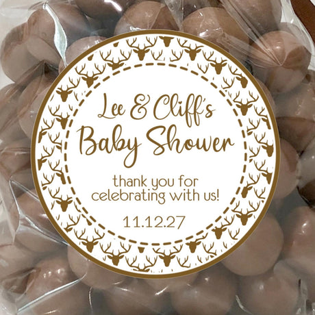 Brown deer antler baby shower sticker with rustic woodland design