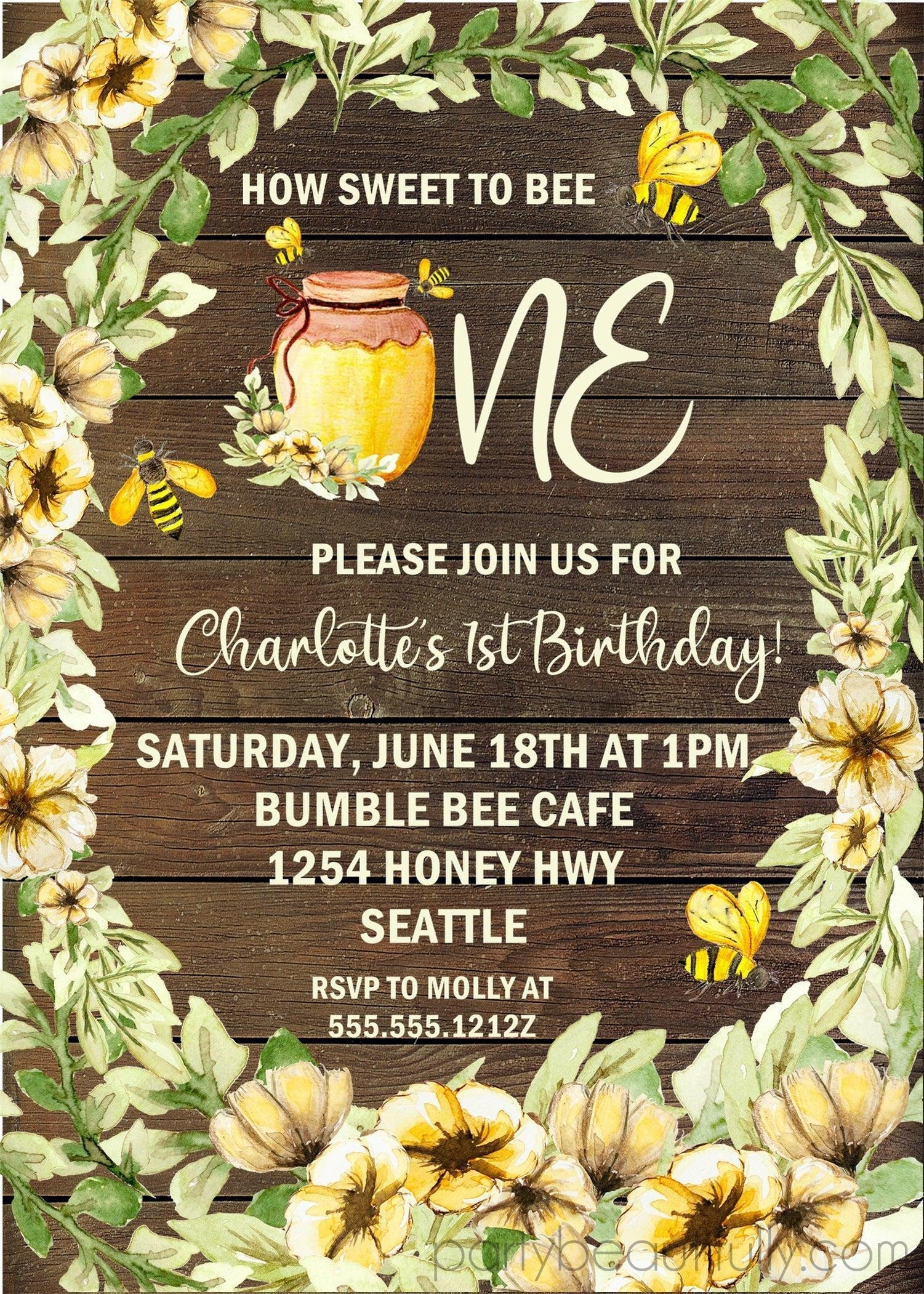 Bumble Bee 1st Birthday Party Invitations