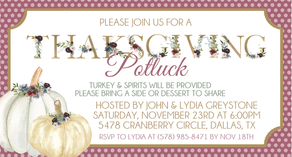 Burgundy floral Thanksgiving dinner invitation with pumpkins and potluck wording