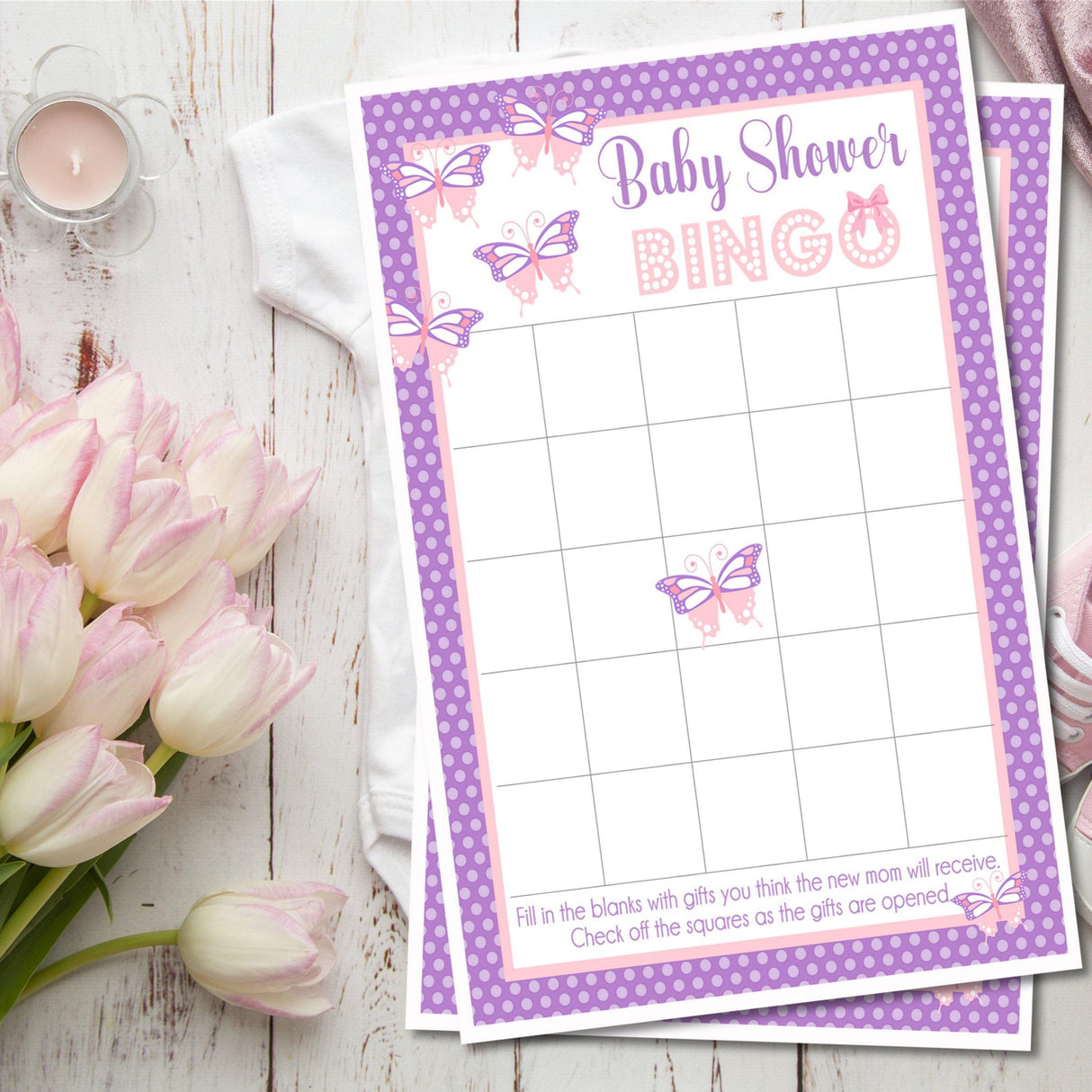 Butterfly baby shower bingo printable PDF game with pink and purple butterfly design