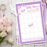 Butterfly baby shower bingo printable PDF game with pink and purple butterfly design
