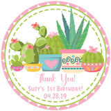 Cactus birthday sticker with succulent plants and decorative pots