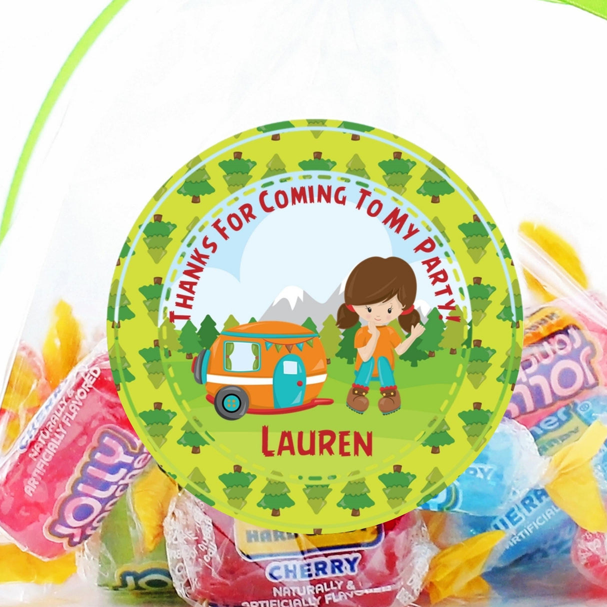 Camping girl birthday sticker with forest tree border