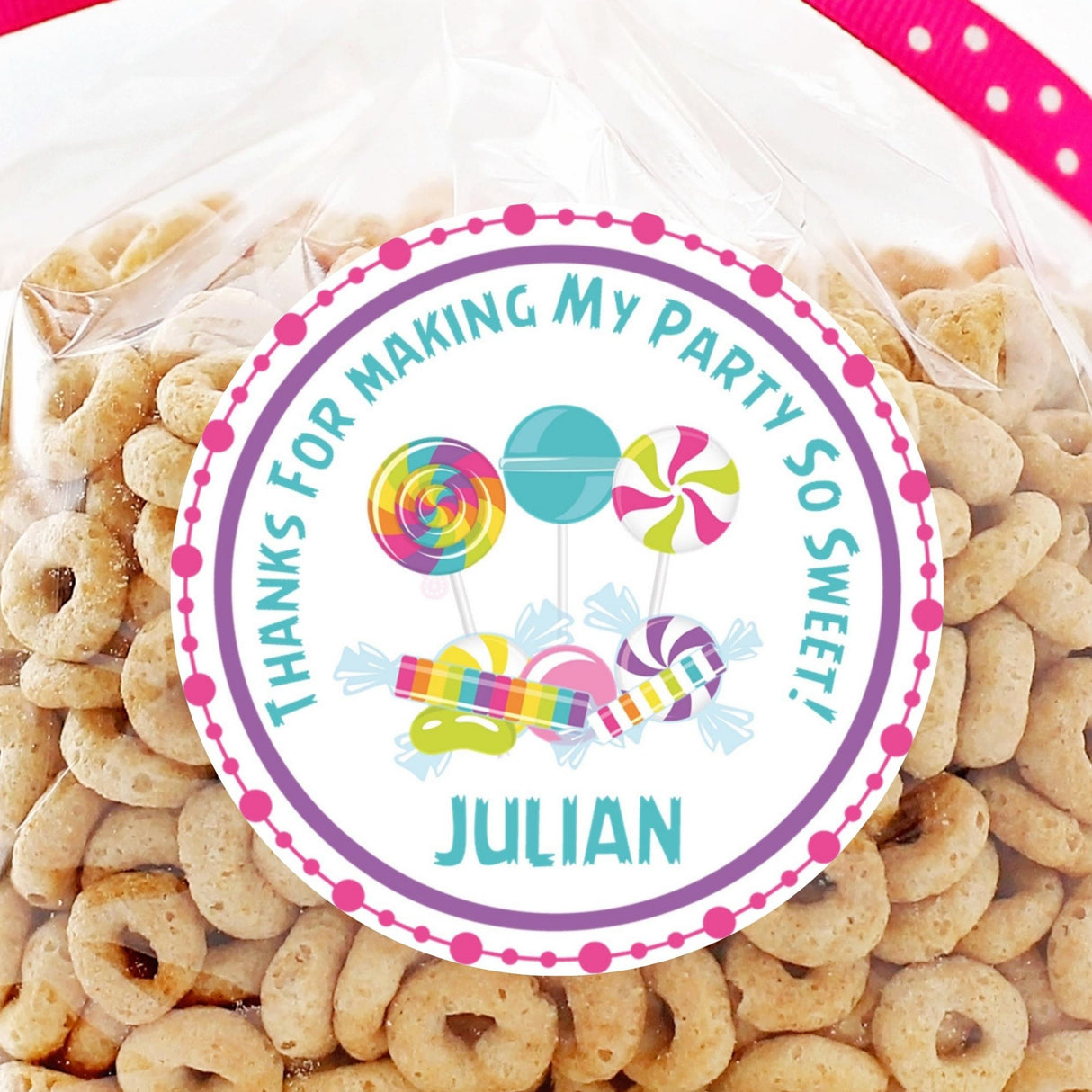 Candy favor sticker with colorful lollipops