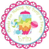 Candy party favor sticker with lollipops and candy jar design
