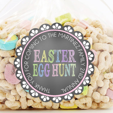 Chalkboard Easter egg hunt sticker with pastel lettering