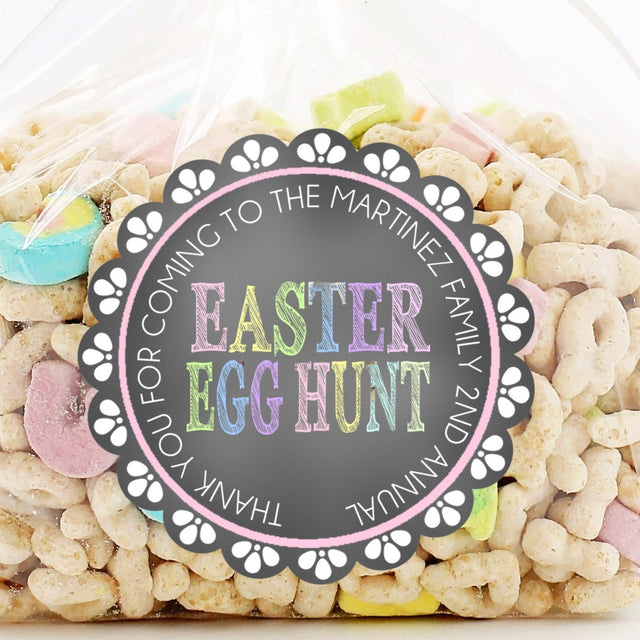 Chalkboard Easter egg hunt sticker with pastel lettering
