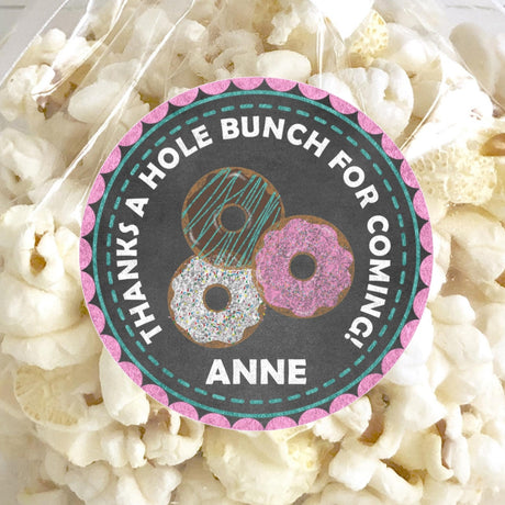 Chalkboard donut birthday sticker with pink and teal donuts