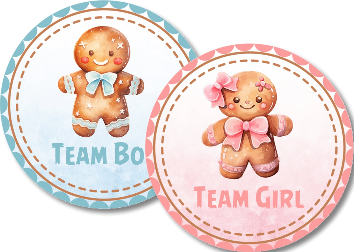 Christmas gender reveal stickers with blue and pink gingerbread cookie artwork