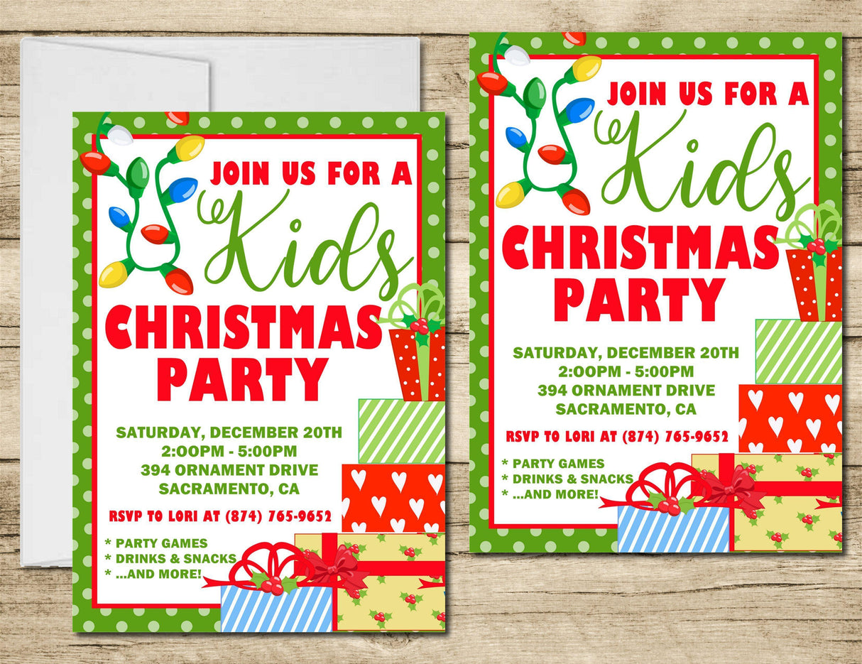Christmas party invitation with festive holiday decorations and personalized party details