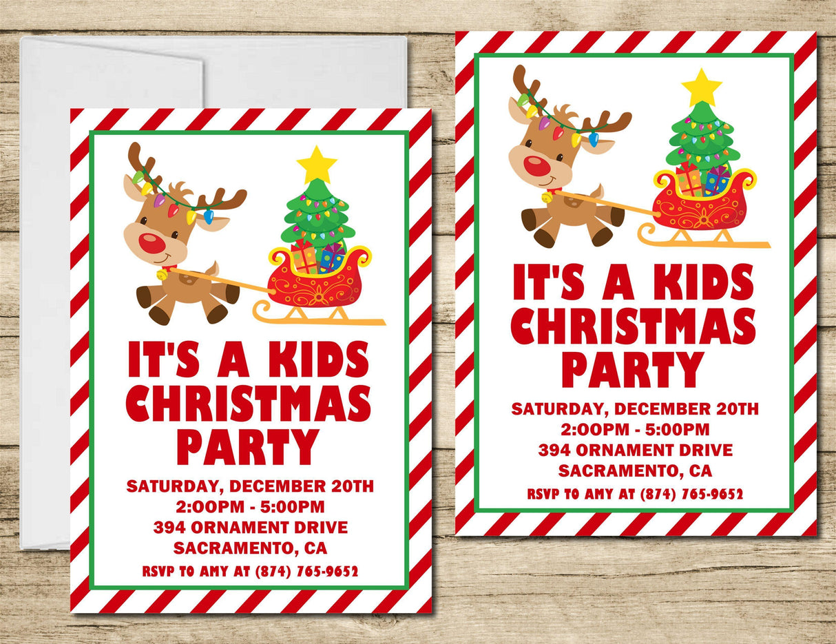 Christmas party invitation with holiday tree, reindeer, and personalized party details
