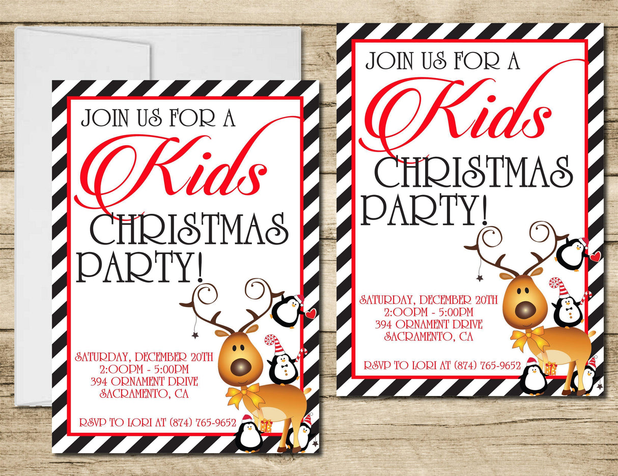 Christmas party invitation with red and black holiday design for children