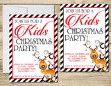 Christmas party invitation with red and black holiday design for children