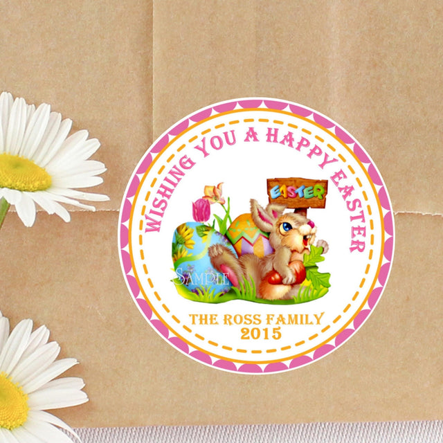 Colorful Easter bunny stickers with painted eggs and playful spring design
