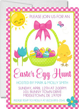 Colorful Easter egg hunt invitation with bunny basket and chick