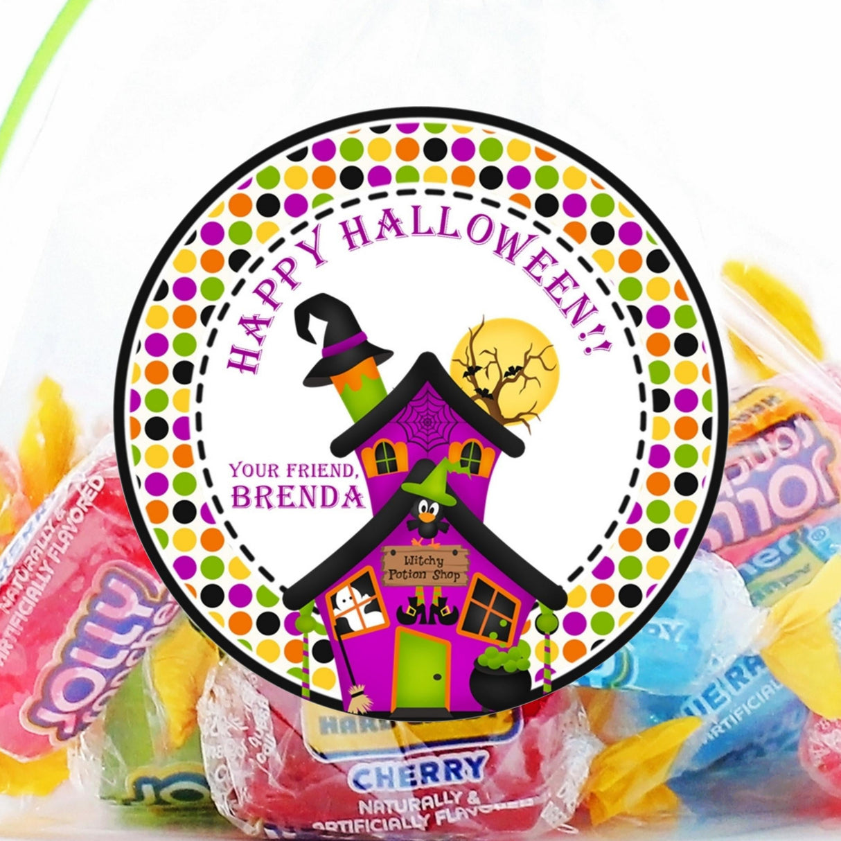 Colorful haunted house Halloween sticker with witchy potion shop and polka dot border
