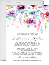 Colorful watercolor floral wedding invitation featuring vibrant pink, purple, blue, and coral flowers on a white background.