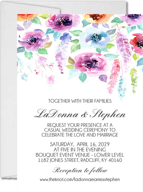 Colorful watercolor floral wedding invitation featuring vibrant pink, purple, blue, and coral flowers on a white background.