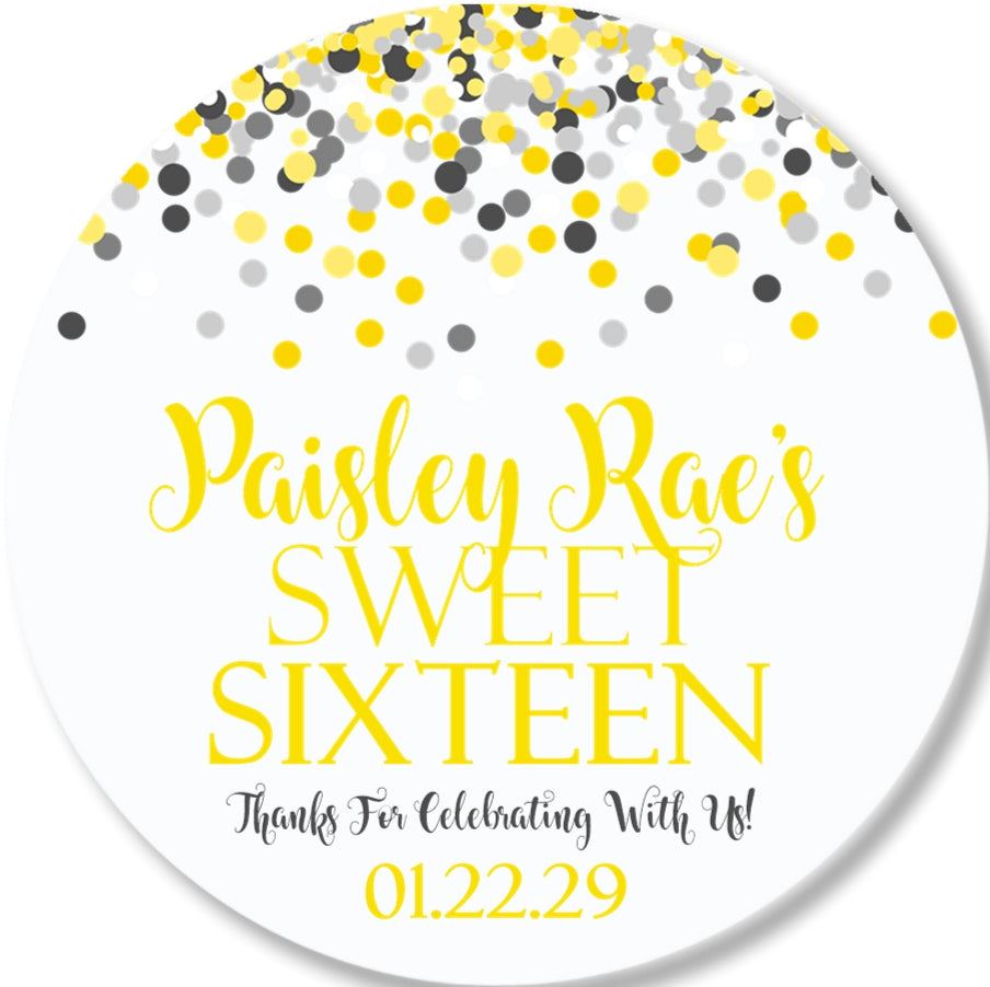Confetti birthday sticker with yellow and gray colors and circular layout