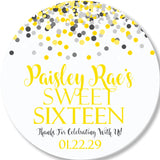 Confetti birthday sticker with yellow and gray colors and circular layout