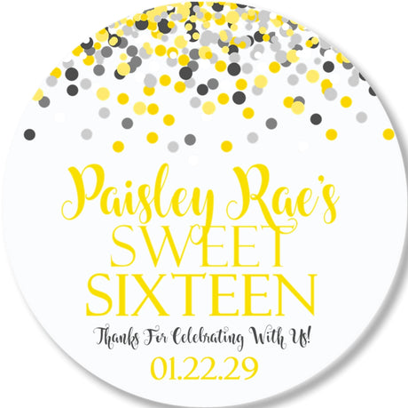 Confetti birthday sticker with yellow and gray colors and circular layout