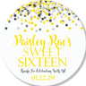 Confetti birthday sticker with yellow and gray colors and circular layout