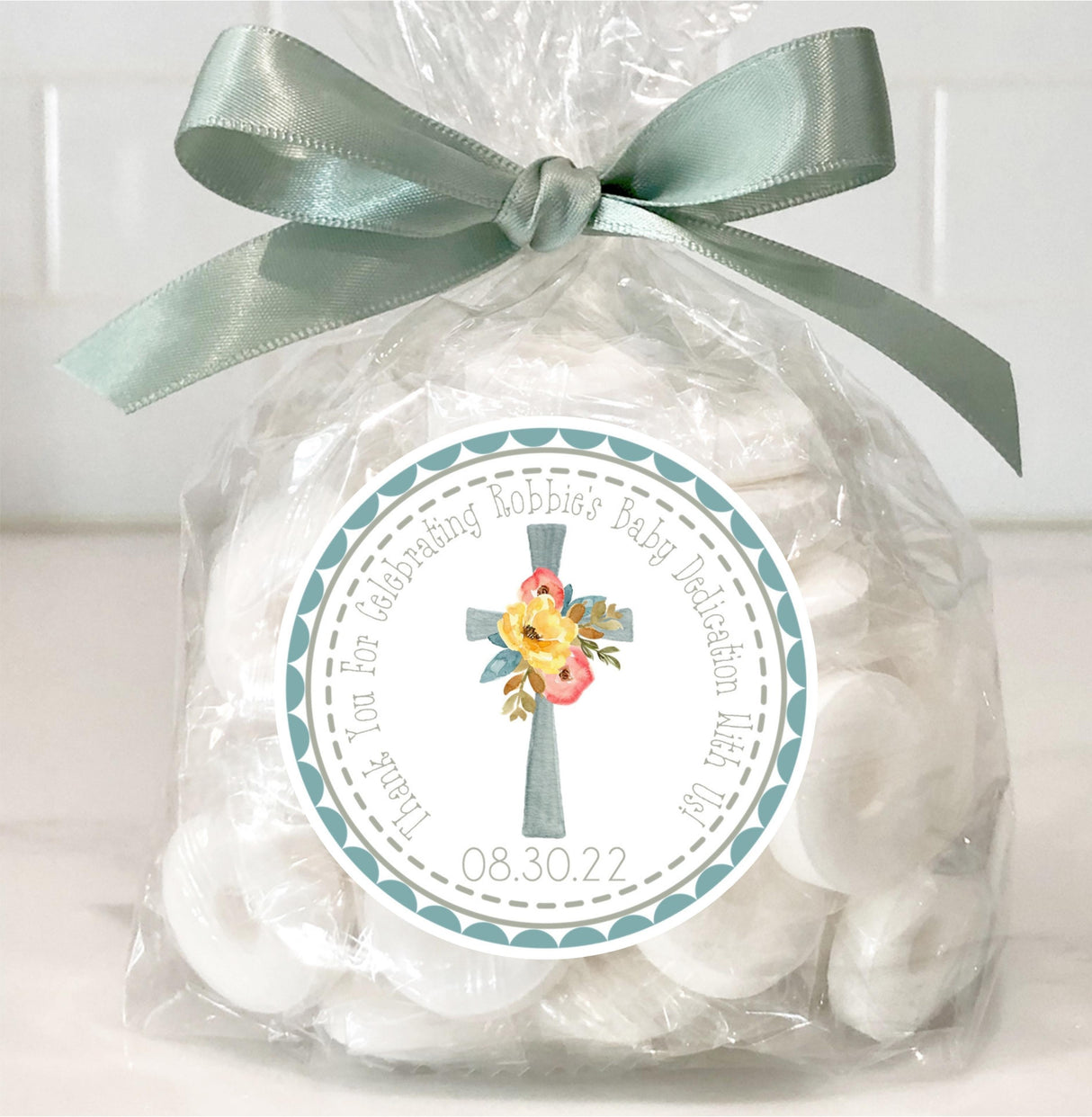Cross design sticker for baby dedication favors
