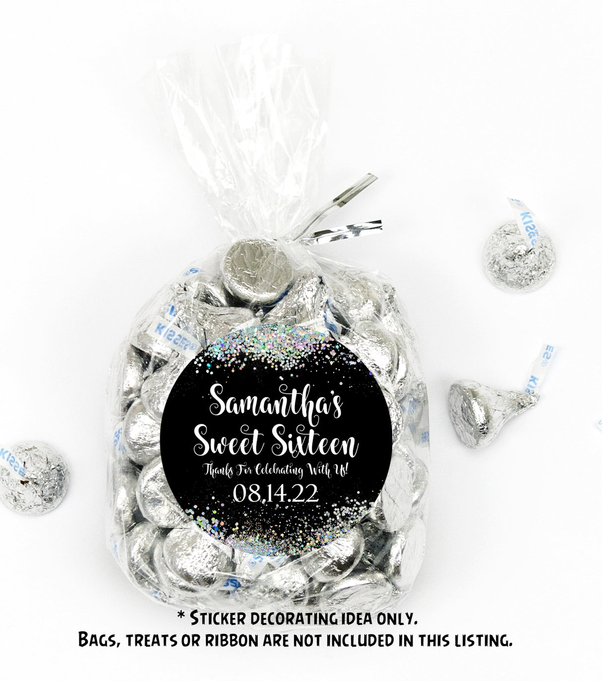 Custom black confetti Sweet 16 party sticker