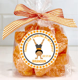 Custom boys gymnastics party favor sticker with name and date