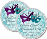 Custom masquerade mask party favor label in turquoise and purple
