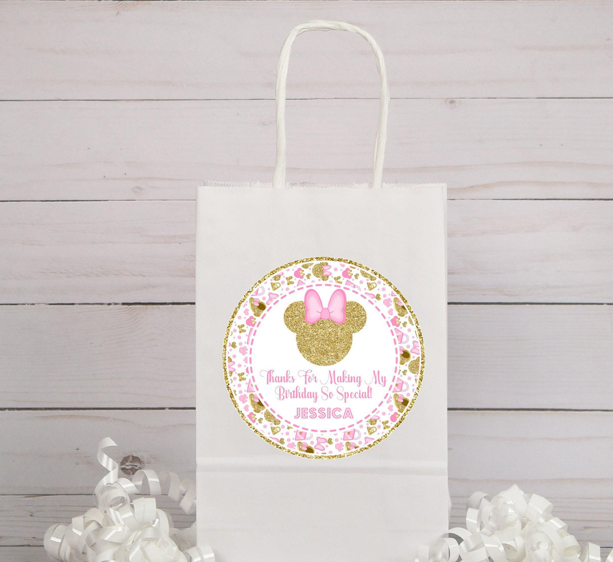 Custom pink Minnie birthday thank you sticker design