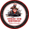 Custom racing party favor label with go-kart driver