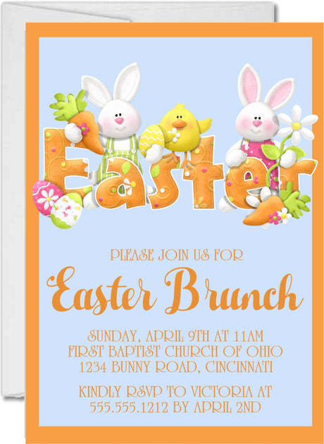 Cute bunny Easter brunch invitation with chick and carrots