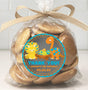 Cute dinosaur party sticker with triceratops and spotted eggs