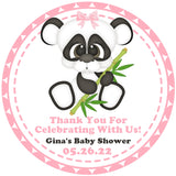 Cute panda baby shower sticker with pink border and bow detail
