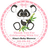 Cute panda baby shower sticker with pink border and bow detail