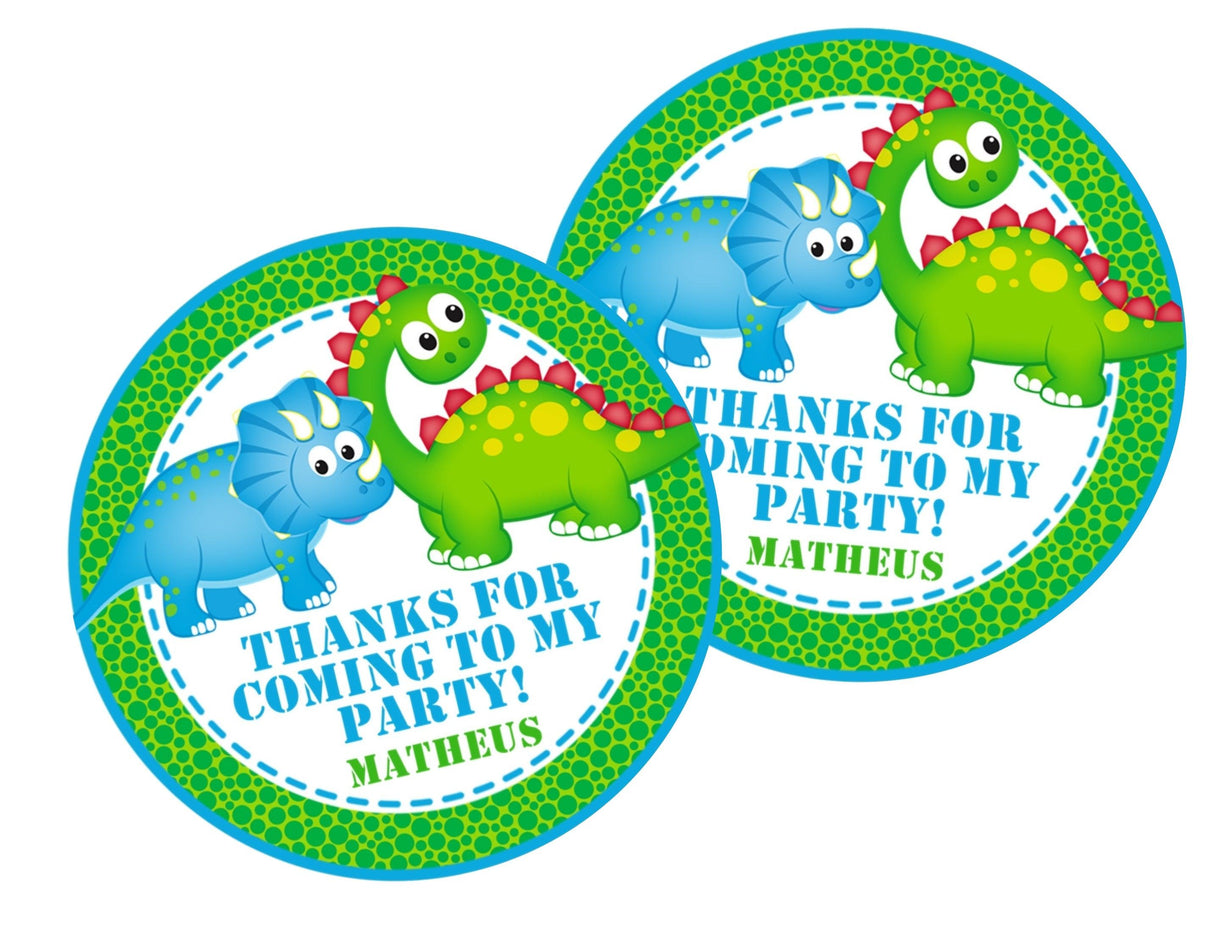 Cute triceratops and stegosaurus party favor label for dino birthday