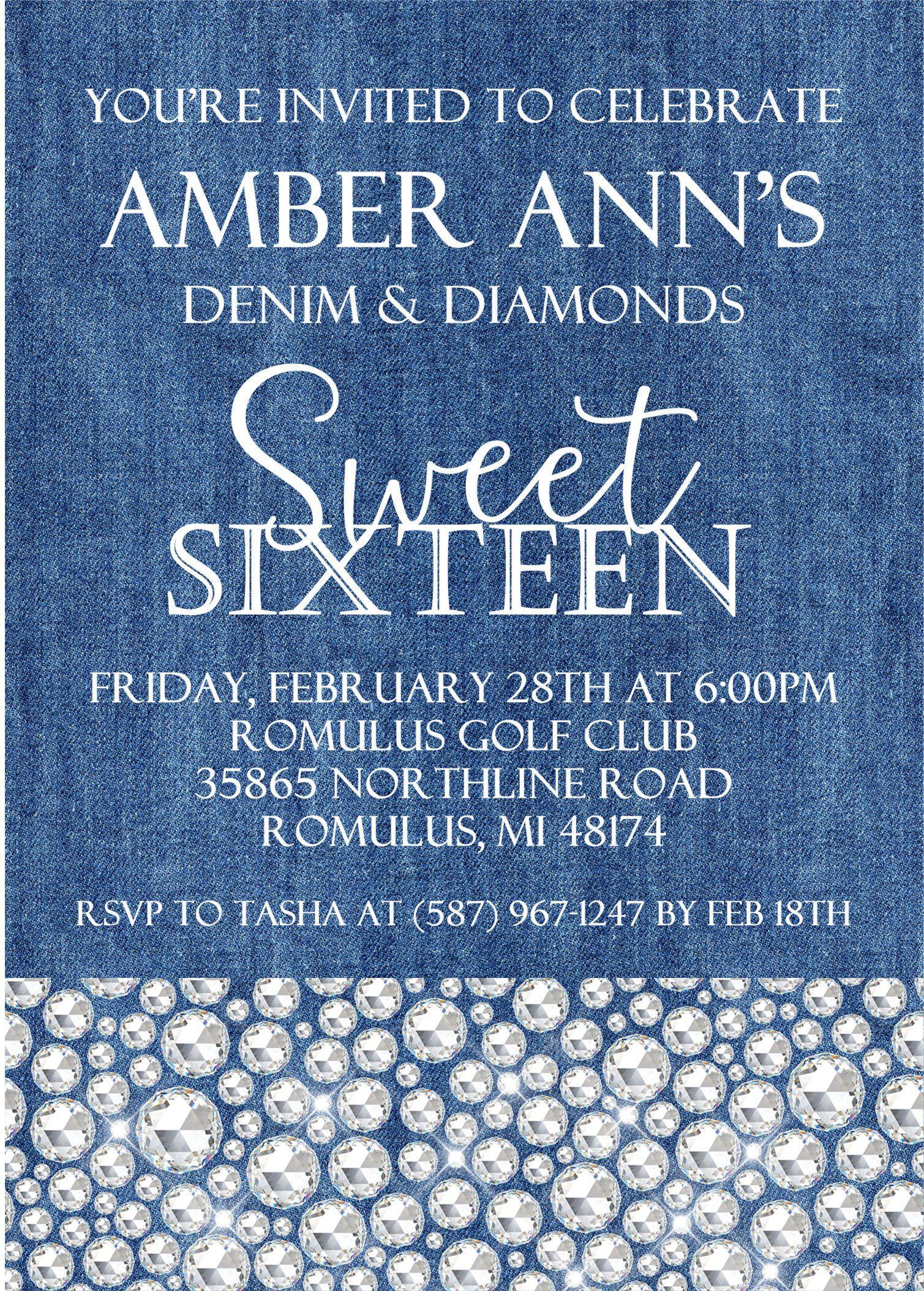 Denim And Diamonds Sweet 16 Party Invitations