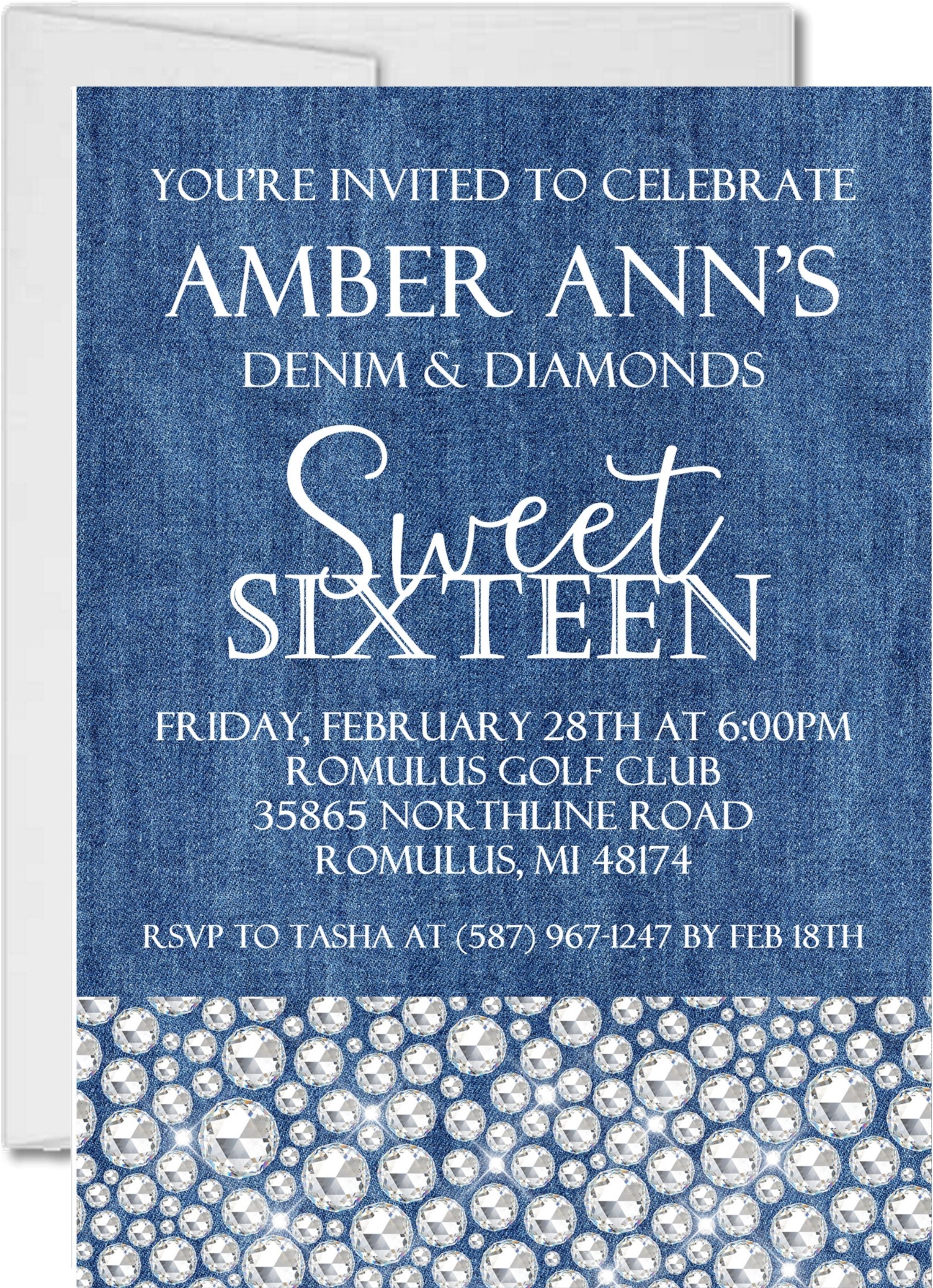 Denim And Diamonds Sweet 16 Party Invitations