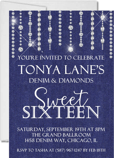 Denim And Diamonds Sweet 16 Party Invitations