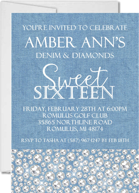 Denim And Diamonds Sweet 16 Party Invitations