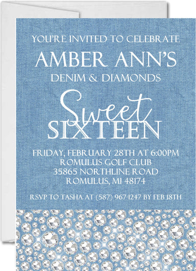 Denim And Diamonds Sweet 16 Party Invitations